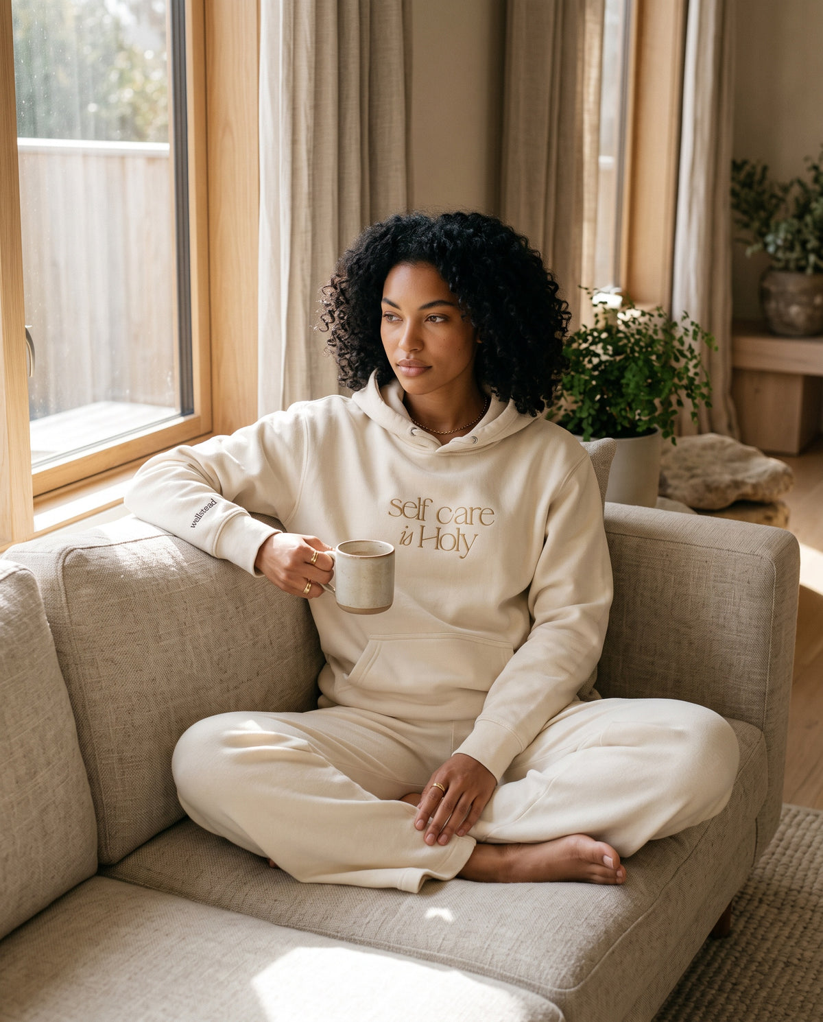 Self Care Is Holy | Embroidered Cream Hoodie